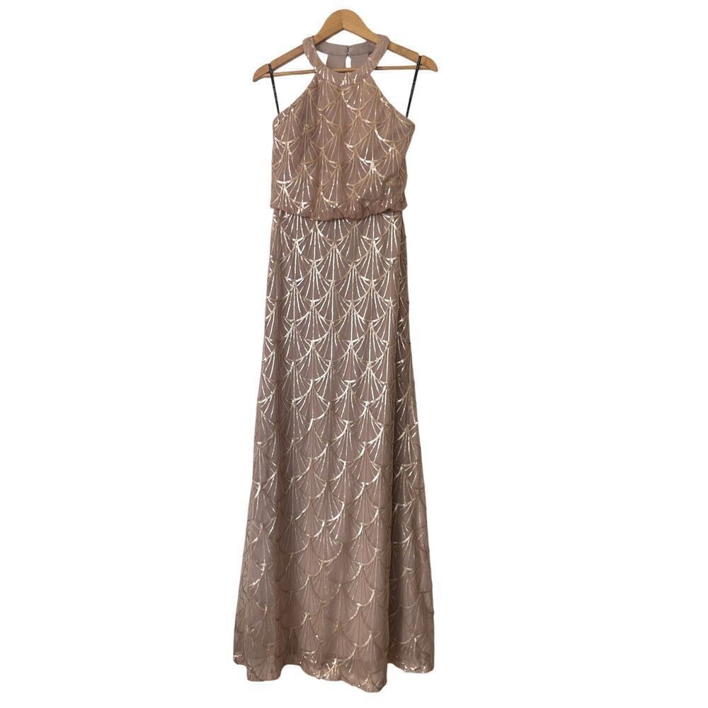 Sorella Vita Gold Sequined Scallop Pattern Halter Neck Gown Dress • Size 10 ⬇️ - Picture 2 of 4